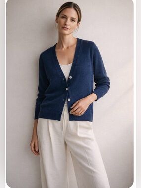 Eileen Fisher Organic Linen V-Neck Cardigan Navy Blue M